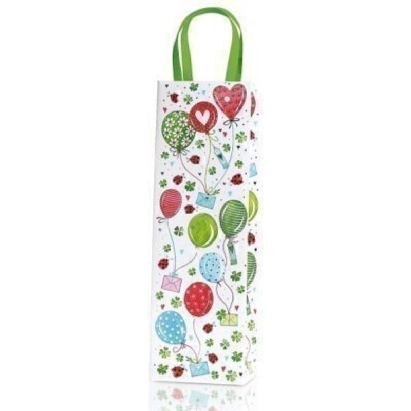 Alina Bottle Bag by Stewo Balloons and Ladybirds Design. This quality gift bag by Swiss designers Stewo will not disappoint. It has all the quality and detailing you would expect from Stewo. This gift bag is made from thick card. The strong handles ar